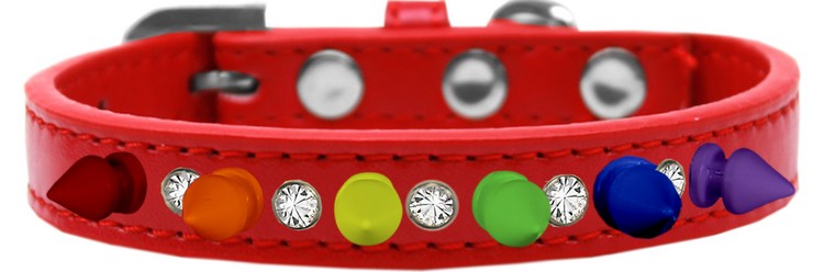 Crystal with Rainbow Spikes Dog Collar Red Size 10